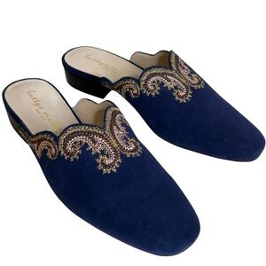 Bettye Muller Fortune Mules in Blueberry Suede Metallic Embroidery Womens Size 9